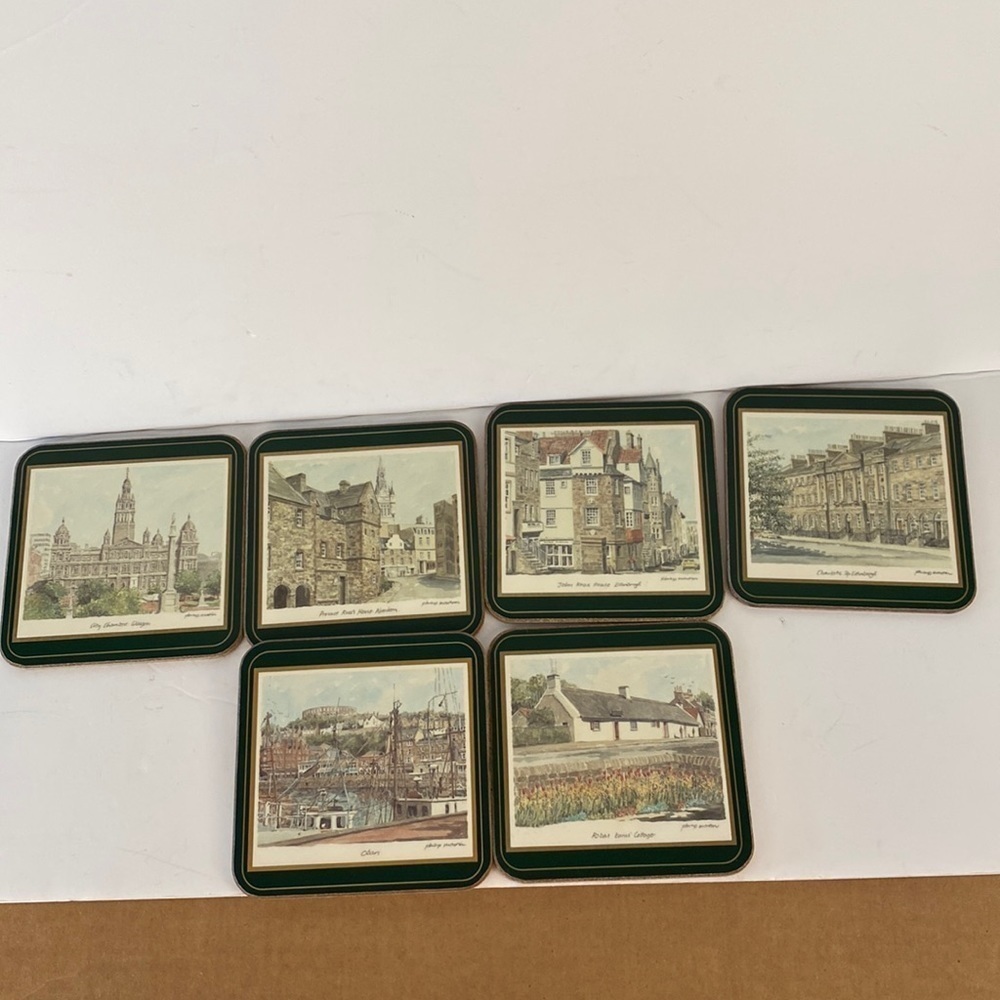 Vintage cork coasters Scotland images green Glasgow Edinburgh set of 6 & holder